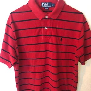 Red Ralph Lauren polo with navy blue stripes